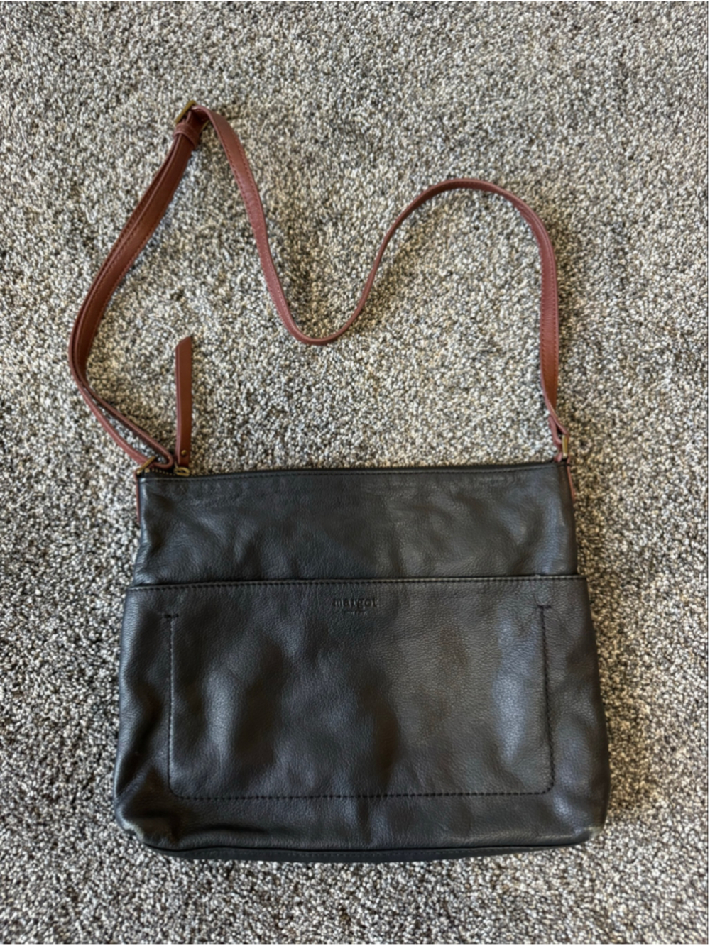 Margot New York Black Pebbled Leather Crossbody Bag with Brown Strap